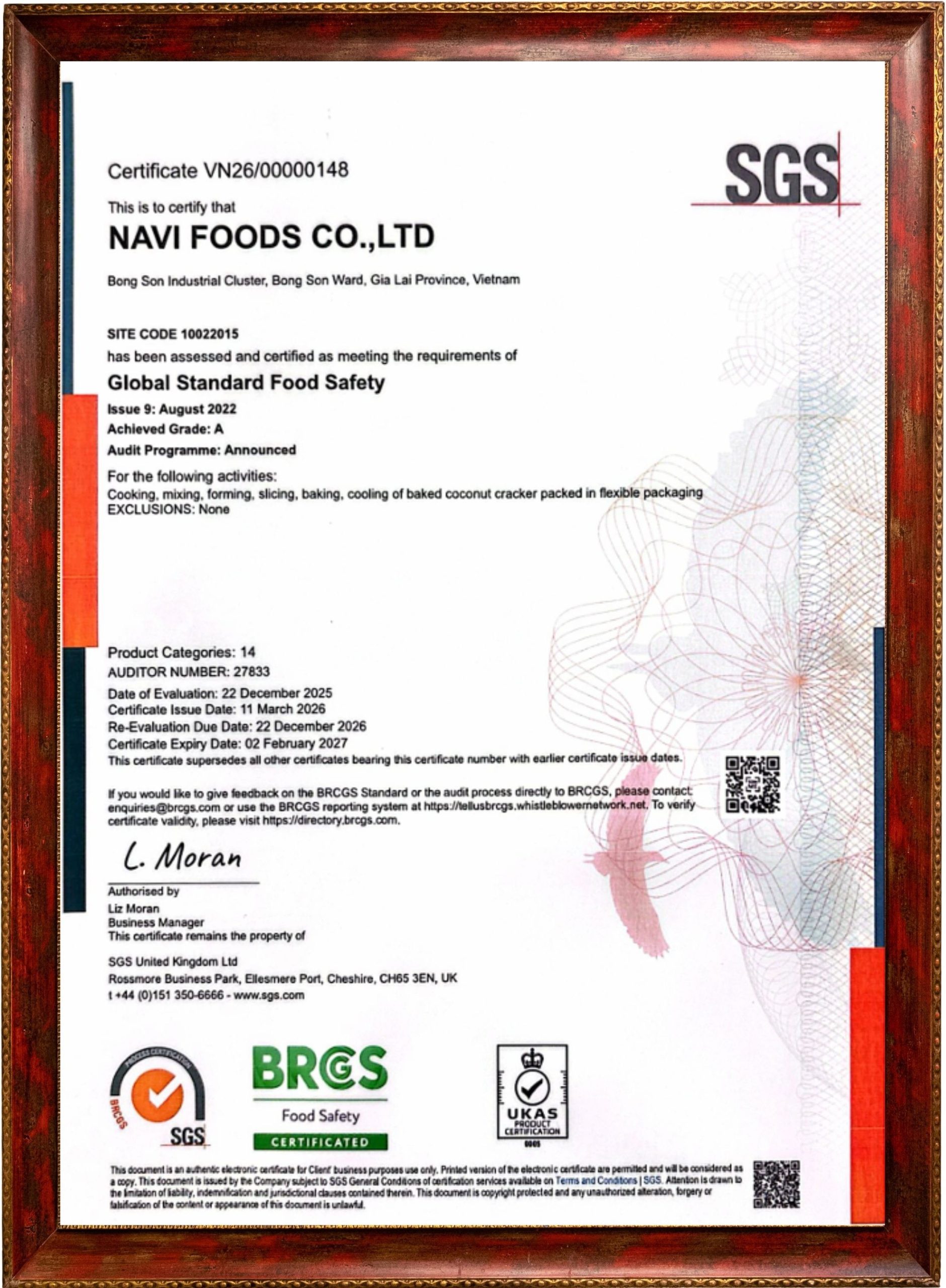 Chứng nhận BRCGS Food Safety (Issue 9) – cấp độ A của Navi Foods